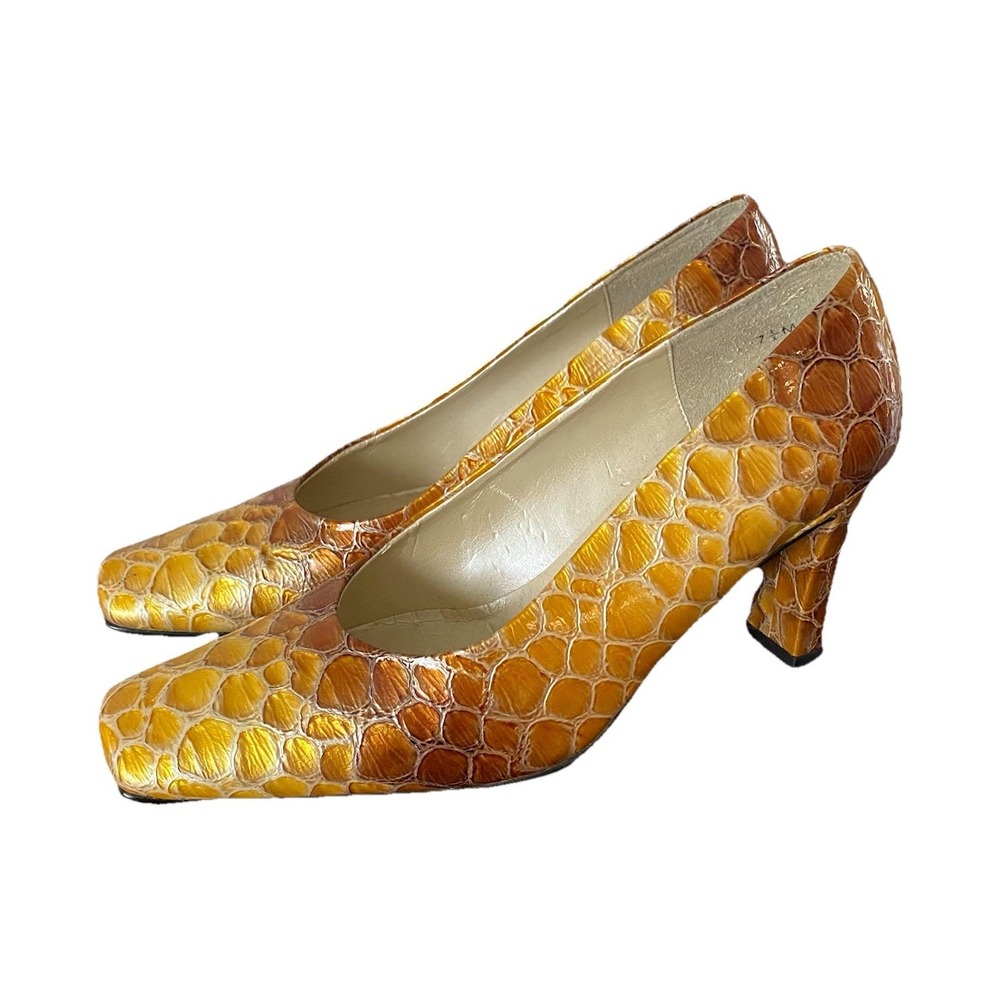 Vintage J Renee Snakeskin Embossed Pumps Women's 7.5M Gold Square Toe Heels